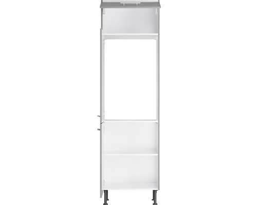 Weißer Küchenhochschrank mit offenen Türen und Einlegeböden