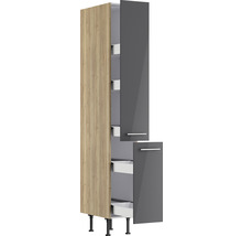Küchenhochschrank mit Auszügen, grauen Türen und Füßen