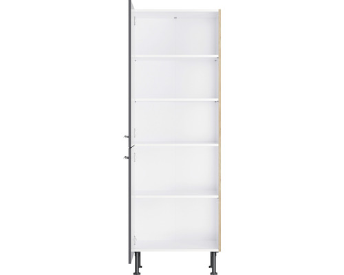 Offener Hochschrank mit Regalböden und Füßen.