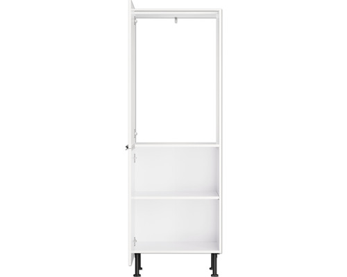 Weißer Hochschrank mit offener Tür, Einlegeböden und schwarzen Füßen