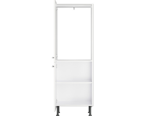 Offener weißer Badezimmerschrank mit Regalen und Füßen