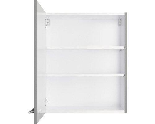 Weißer Hängeschrank mit offener Tür und zwei Regalböden