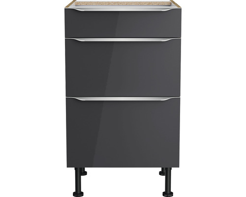 Grauer Unterschrank mit drei Schubladen und Füßen