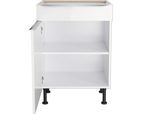 Weißer Unterschrank mit offener Tür und zwei Regalböden