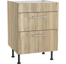 Waschbeckenunterschrank mit zwei Schubladen, Holzdekor und schwarzen Füßen für das Badezimmer.