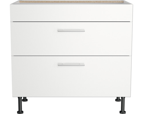 Weißer Unterschrank mit zwei Schubladen und Füßen