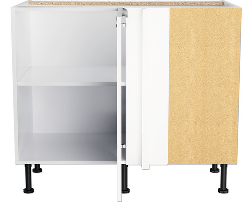 Unterschrank mit Fachböden und einer offenen Tür