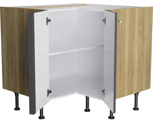Eckunterschrank mit Regalböden und offenen Türen