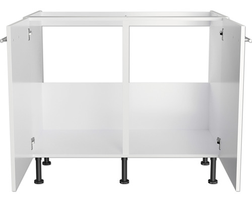 Weißer Spülenunterschrank mit schwarzen Füßen.