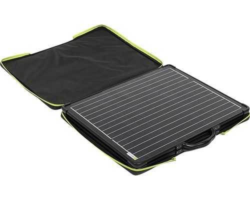 Aufgeklapptes, tragbares Solarmodul im Koffer