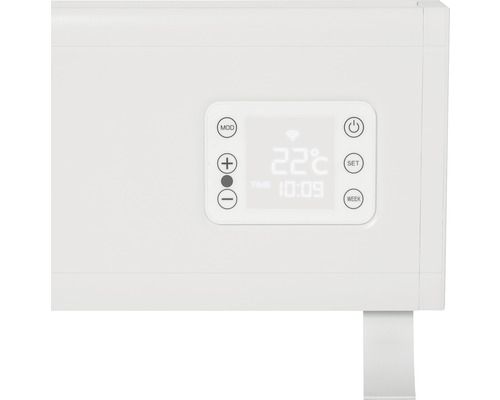 Detailansicht eines Heizkörpers mit digitalem Display zur Temperaturanzeige und verschiedenen Bedienelementen.