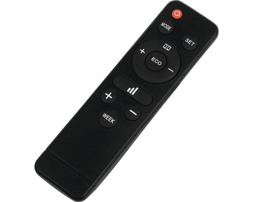 Schwarze Fernbedienung mit mehreren Tasten.