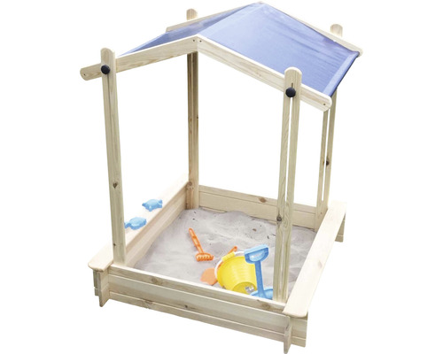 Sandkasten mit Dach aus Holz und Sandspielzeug