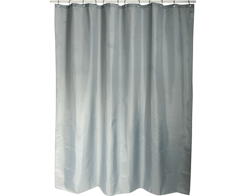 Grauer Duschvorhang aus Textil mit Ringen an einer Duschstange