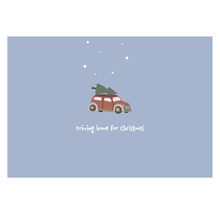 Illustration eines Autos mit einem Weihnachtsbaum auf dem Dach und dem Schriftzug Driving home for Christmas