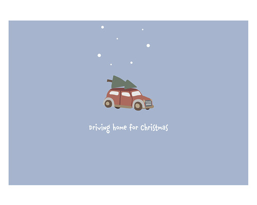 Illustration eines Autos mit einem Weihnachtsbaum auf dem Dach und dem Schriftzug Driving home for Christmas