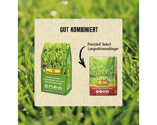 Bild zeigt eine empfohlene Kombination von FloraSelf Rasenerneuerung und FloraSelf Select Langzeitrasendünger.