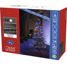 Verpackung einer Lichterkette mit mehrfarbigen LEDs, gefrosteten Spitzen und schwarzem Kabel für den Außenbereich