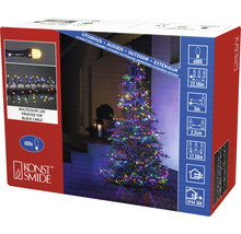 Konst Smide Logo. Verpackung einer Lichterkette für den Außenbereich mit mehrfarbigen LED Lampen und schwarzem Kabel.