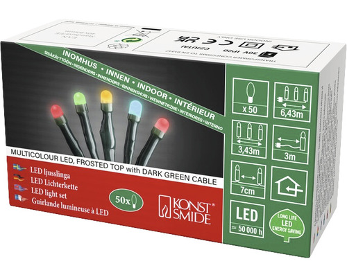 Verpackung einer mehrfarbigen LED Lichterkette mit dunklem, grünem Kabel für den Innenbereich