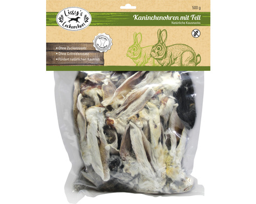 Hundesnack Kaninchenohren mit Fell 500 g Kauartikel Verpackung Kaninchenohren mit Fell, natürliche Kausnacks für Hunde