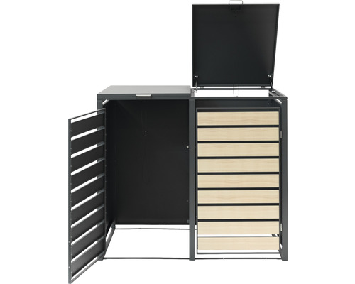 Mülltonnenbox für zwei Mülltonnen mit Holzverkleidung und einer geöffneten Tür