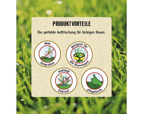 Produktvorteile: Kein Umgraben, geeignet für alle Rasentypen, verdrängt Unkraut, pflegeleicht.