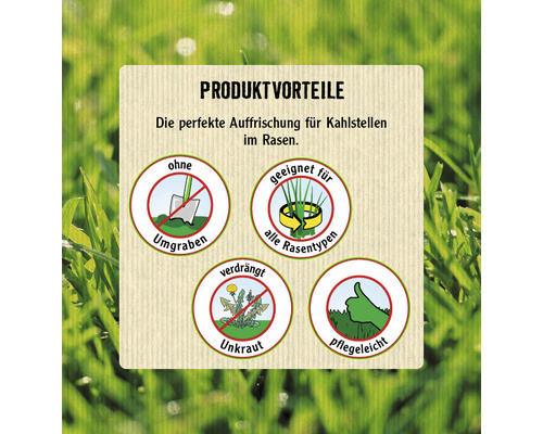 Produktvorteile: Keine Umgrabung notwendig, geeignet für alle Rasentypen, verdrängt Unkraut, pflegeleicht.