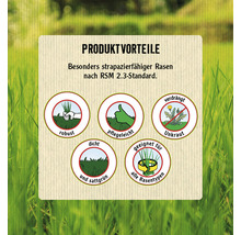 Produktvorteile: Strapazierfähiger Rasen nach RSM 2.3-Standard, robust, pflegeleicht, verdrängt Unkraut, dicht und sattgrün, geeignet für alle Rasentypen.