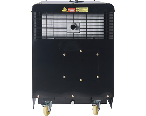 Mobile Heizung mit Rollen und Warnhinweisen