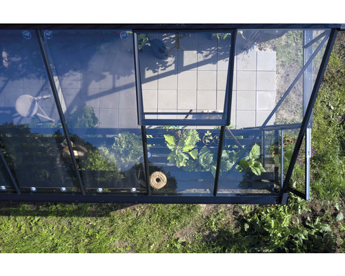 Ansicht von oben eines Gewächshauses mit geöffnetem Fenster, Pflanzen und Fliesenboden
