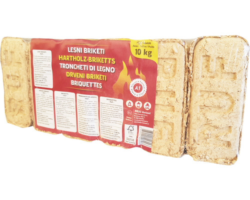 Holzbriketts aus Hartholz in einer 10 Kilogramm Verpackung