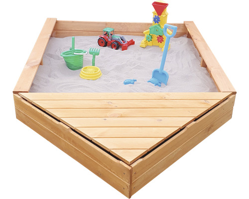 Holzsandkasten mit Spielzeug und teilweise geschlossenem Deckel