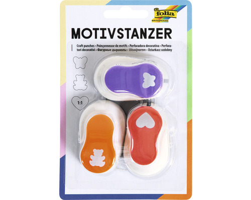 Motivstanzer Set Ganzjahresmotive 3 Stanzer à 15mm sortiert Motivstanzer Set mit drei Motiven: Schmetterling, Teddybär und Herz