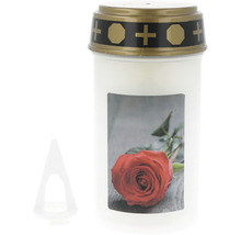 Grabkerze mit Rosenmotiv und Kerzenhalter
