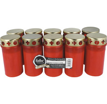 Zehn Grablichter aus rotem Kunststoff mit goldenem Deckel