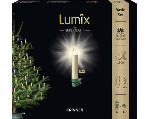 Lumix Christbaumkerzen Basic Set mit zwölf Kerzen und Fernbedienung in der Verpackung