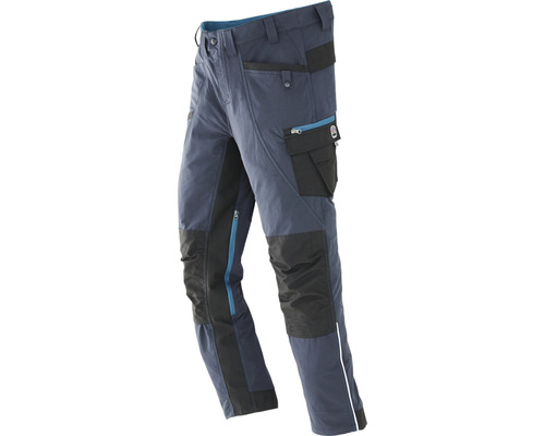 Blaue Arbeitshose mit schwarzen Verstärkungen und Taschen
