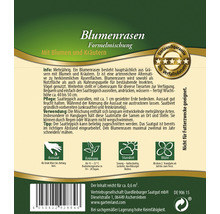 Blumenrasen-Saatgutpackung mit Informationen zu Aussaat, Keimung, Standort und Blütezeit
