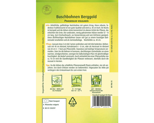 Buschbohnen Berggold Saatgut Packung