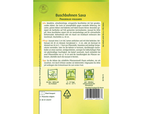 Buschbohnen Saxa Samenpackung mit Informationen zu Aussaat, Keimung und Ernte