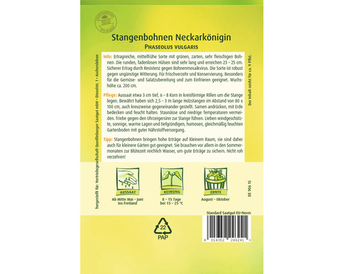 Samenpackung Stangenbohnen Neckarkönigin mit Informationen zu Anbau, Pflege und Ernte