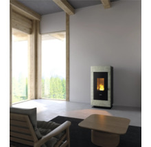 Modernes Wohnzimmer mit Pelletofen, Sessel und Tisch