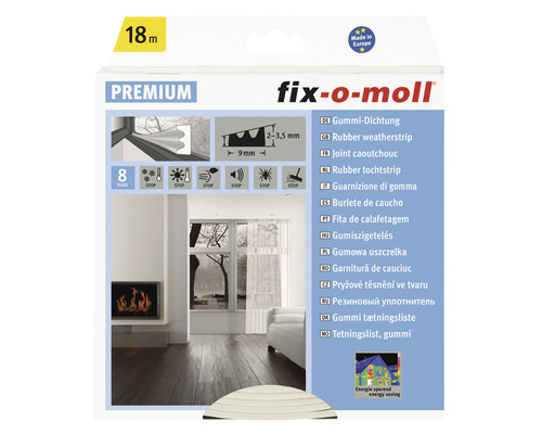fix-o-moll E-Profildichtung selbstklebend weiß 18 m x 9 x 4 mm Fix-o-moll Premium Gummidichtung, 18 Meter, zur Abdichtung von Fenstern und Türen