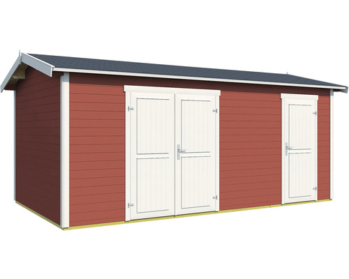 Rotes Gartenhaus aus Holz mit Doppeltür und Einzeltür