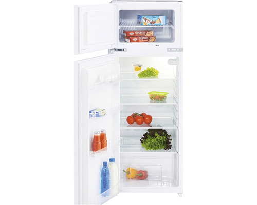 Weißer Kühlschrank mit Gefrierfach und Lebensmitteln