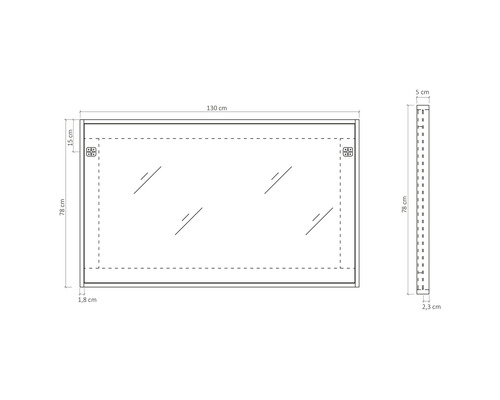 Technische Zeichnung eines rechteckigen Spiegels mit Maßangaben: 130 cm breit und 78 cm hoch