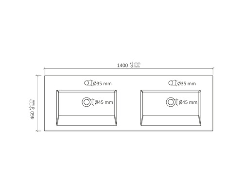 Zeichnung einer Waschtischplatte mit zwei Waschbecken, Abmessungen: 1400 mal 460 Millimeter