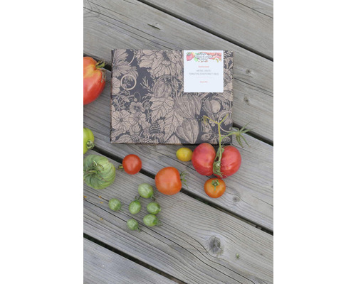 Samenbox mit verschiedenen Tomatensorten und Saatgut auf Holzhintergrund.