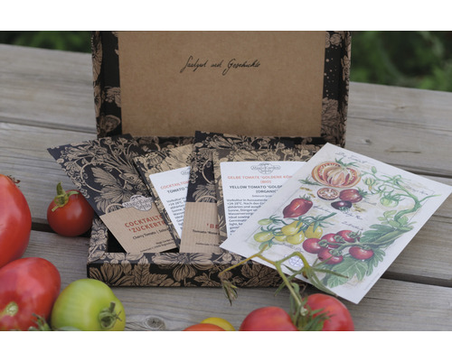 Geschenkset mit verschiedenen Tomatensamen in einer dekorativen Schachtel